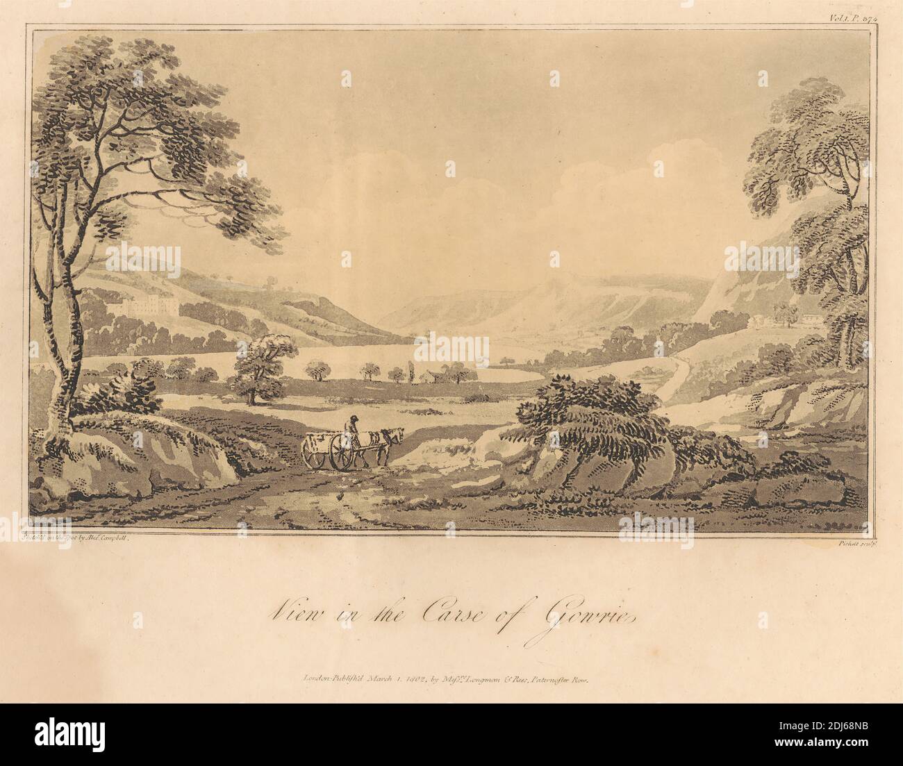 View in the Carse of Gowrie, Print made by W. Pickett, active 1792–1820, British, Published by Longman, active 1804–1914, British, 1802, Aquatint on medium, slightly textured, cream wove paper Stock Photo