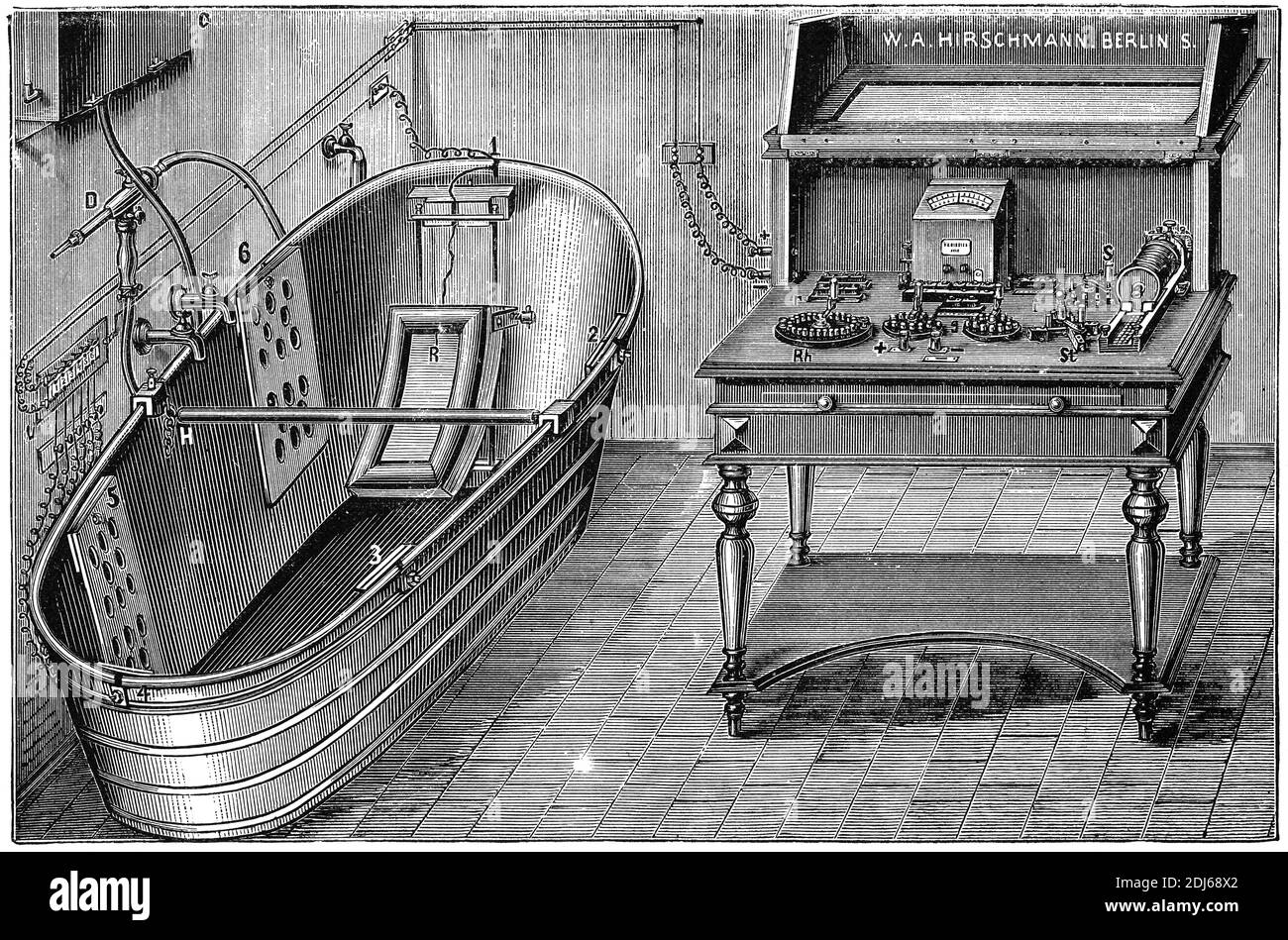 Electric bath (electrotherapy). Illustration of the 19th century. Germany. White background. Stock Photo