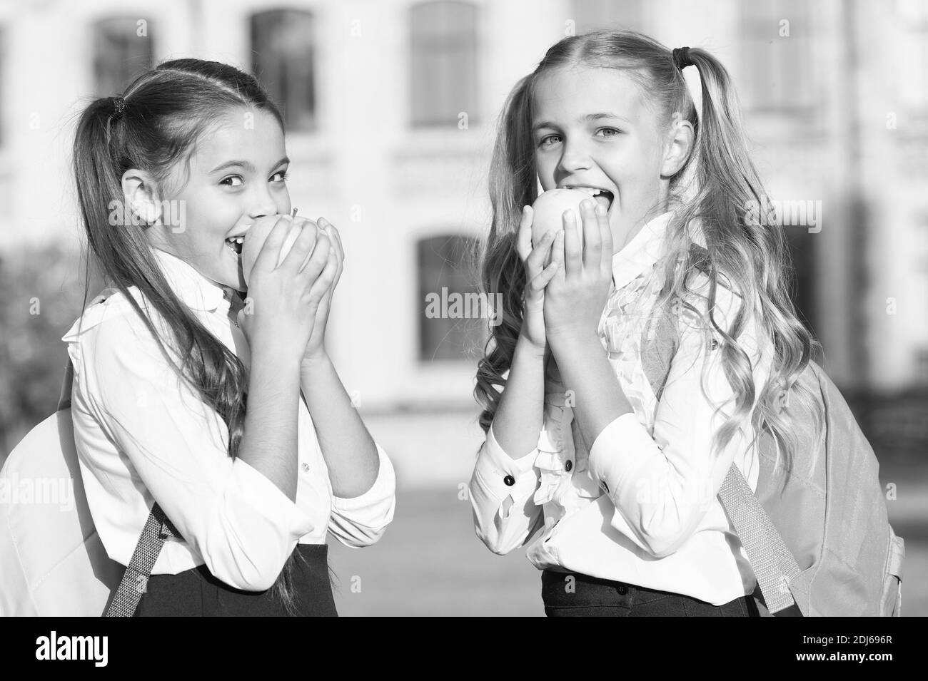 Girls small kids eating apples, school lunch concept. Stock Photo