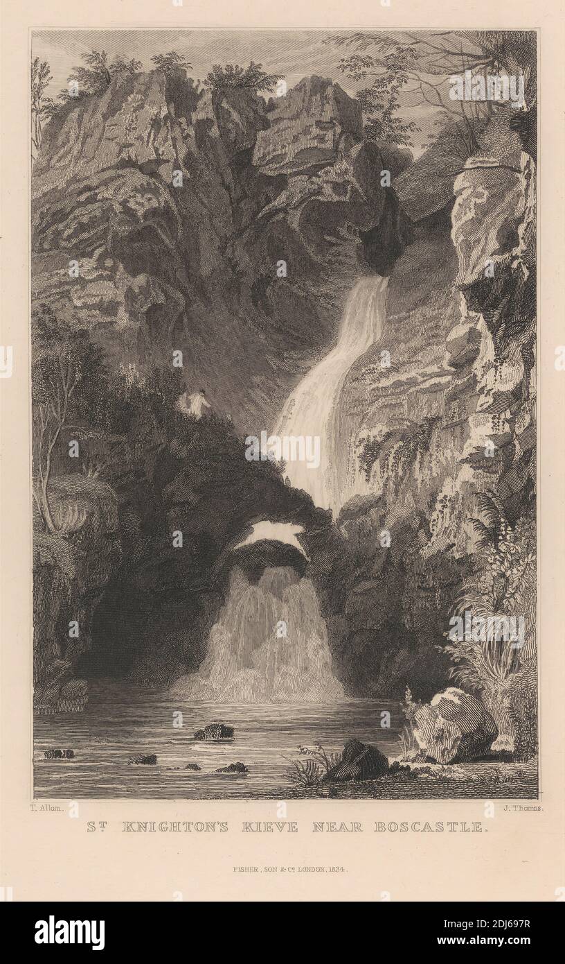 St. Knighton's Kieve near Boscastle, after Thomas Allom, 1804–1872, British, Published by Fisher, Son & Co., active 1821–1848, British, 1834, Etching and line engraving on medium, slightly textured, cream wove paper Stock Photo