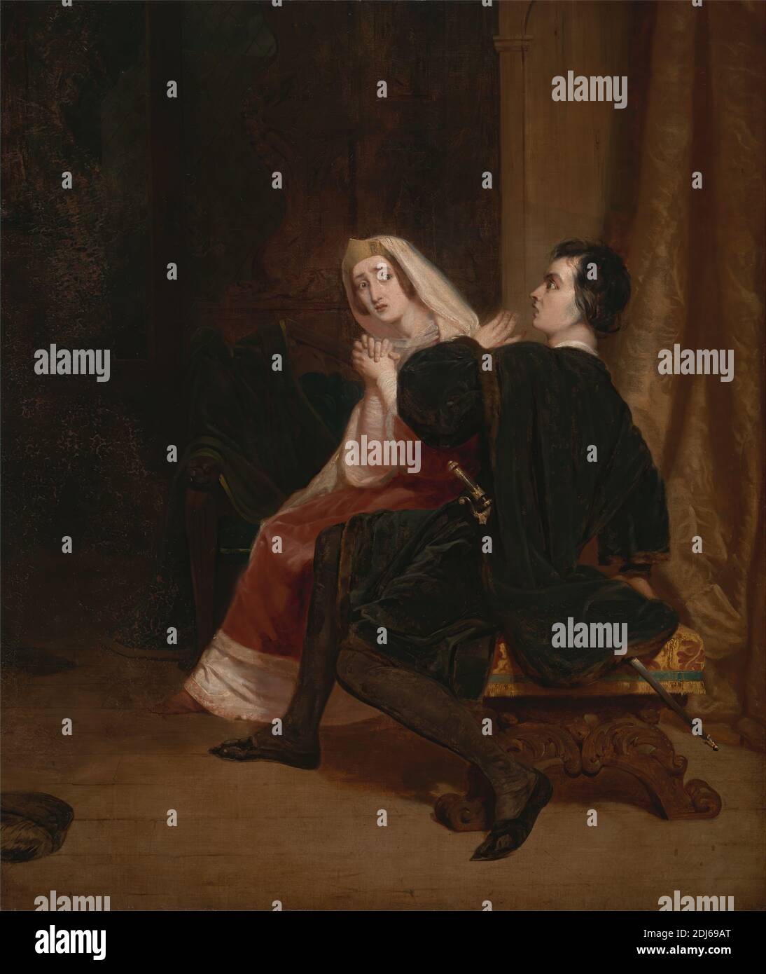 Hamlet and his Mother; The Closet Scene, Richard Dadd, 1817–1886, British, 1846, Oil on canvas, Support (PTG): 40 1/4 × 34 inches (102.2 × 86.4 cm), closet, crown (costume component), curtain, drapery, fear, gesture, Hamlet, play by William Shakespeare, hands, literary theme, pleading, portrait, queen (person), stool, surprise, sword Stock Photo