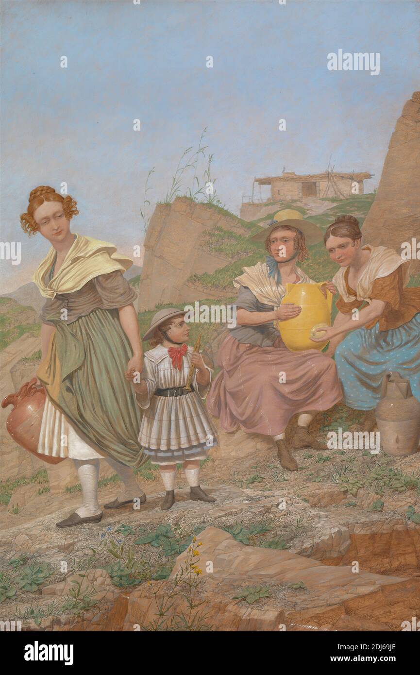 Negation, Richard Dadd, 1817–1886, British, 1860, Oil on canvas, Support (PTG): 20 x 13 1/2 inches (50.8 x 34.3 cm), child, dresses, flute, genre subject, hat, hill, jugs, musical instrument, pink (color), recorder, women, yellow Stock Photo