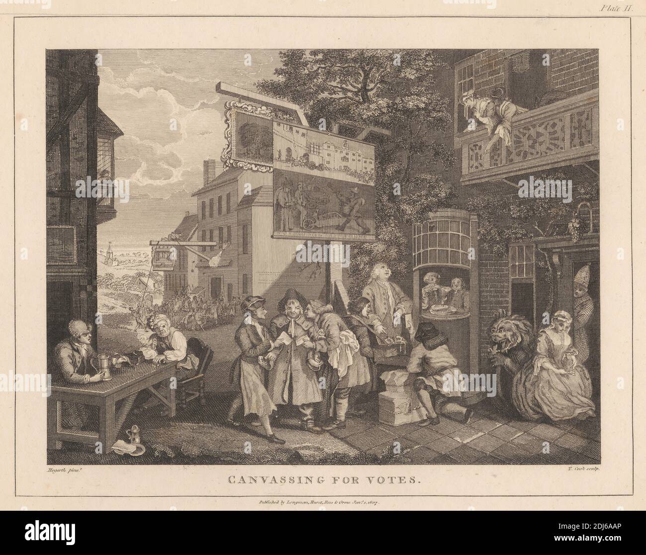 Canvassing for Votes, Print made by Thomas Cook, 1744–1818, British, after William Hogarth, 1697–1764, British, Published by Longman, active 1804–1914, British, 1807, Etching and line engraving on medium, slightly textured, cream wove paper Stock Photo