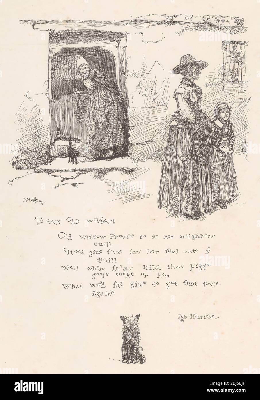 To an Old Woman, by Robert Herrick, Print made by Edwin Austin Abbey, 1852–1911, American, 1883, Line photoengraving on medium, slightly textured, cream wove paper, cats (domestic cats), child, doorway, faces, genre subject, window Stock Photo