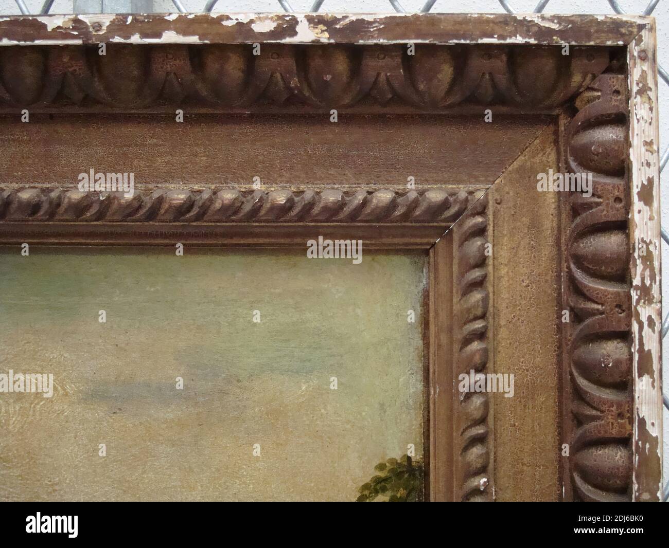 British, Palladian frame, Unknown framemaker, late 18th century, Carved wood, original deteriorated and flaking oil gilding; textured frieze, Frame: 50 × 62 × 3 inches (127 × 157.5 × 7.6 cm Stock Photo