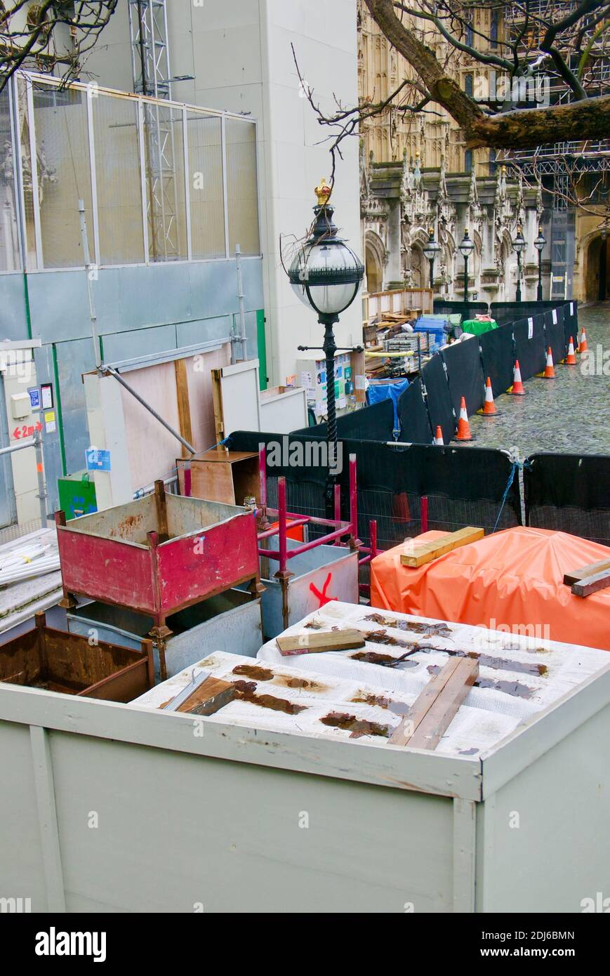 Builders yard in Palace of Westminster carrying out restoration and renovation to the Big Ben clock tower (otherwise known as Elizabeth Tower). London Stock Photo