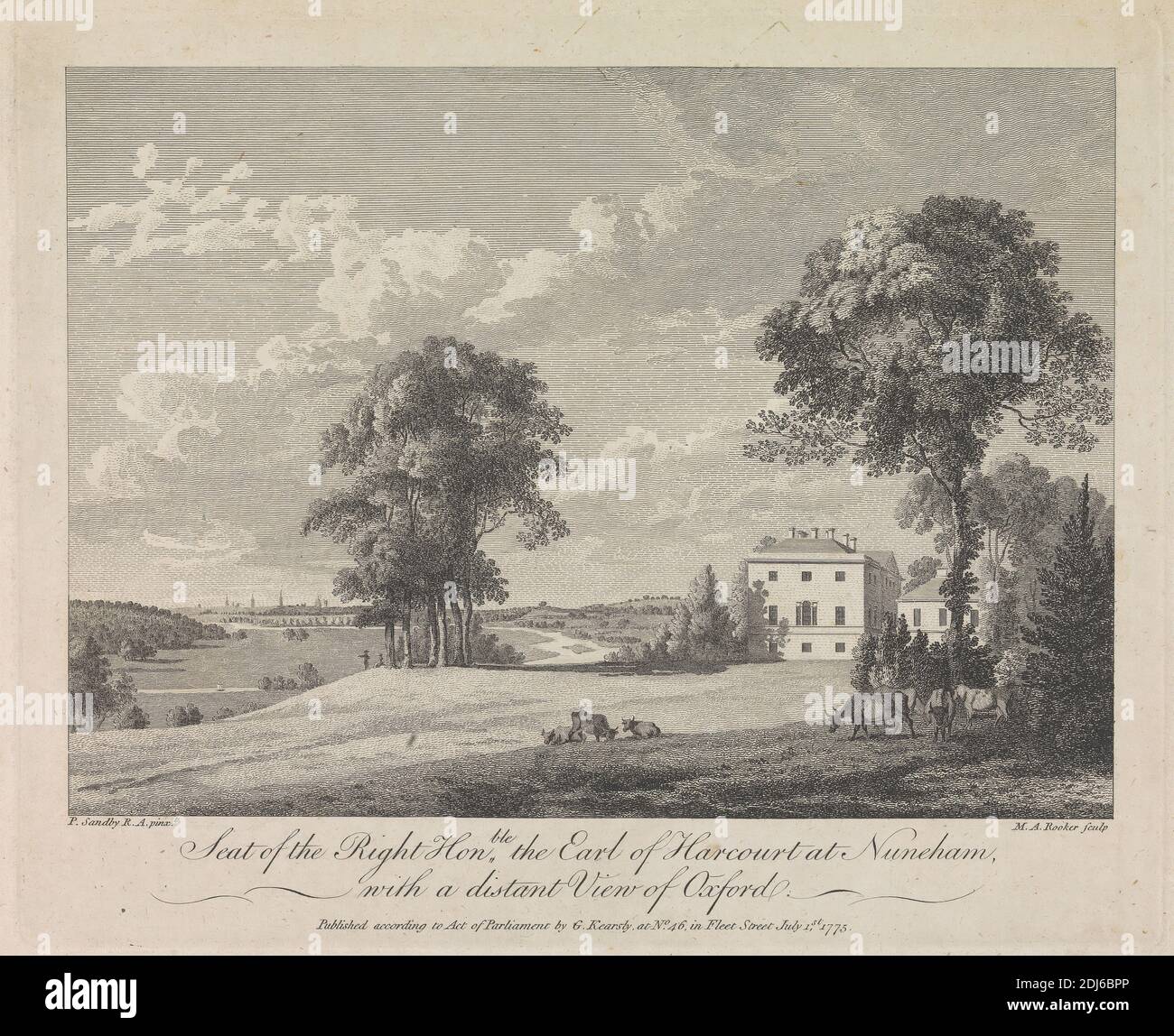 Seat of the Right Honorable, the Earl of Harcourt at Nuneham, with a distant View of Oxford, Print made by Michael 'Angelo' Rooker, 1746–1801, British, after Paul Sandby RA, 1731–1809, British, 1775, Line engraving on medium, moderately textured, cream laid paper, Sheet: 7 5/16 × 9 3/4 inches (18.6 × 24.8 cm), Plate: 6 7/16 × 7 15/16 inches (16.4 × 20.2 cm), and Image: 5 3/16 × 7 1/4 inches (13.1 × 18.4 cm), architectural subject, country house, cows, estate, landscape, river, England, Isis, Nuneham Courtenay, Oxford, Oxfordshire, United Kingdom Stock Photo