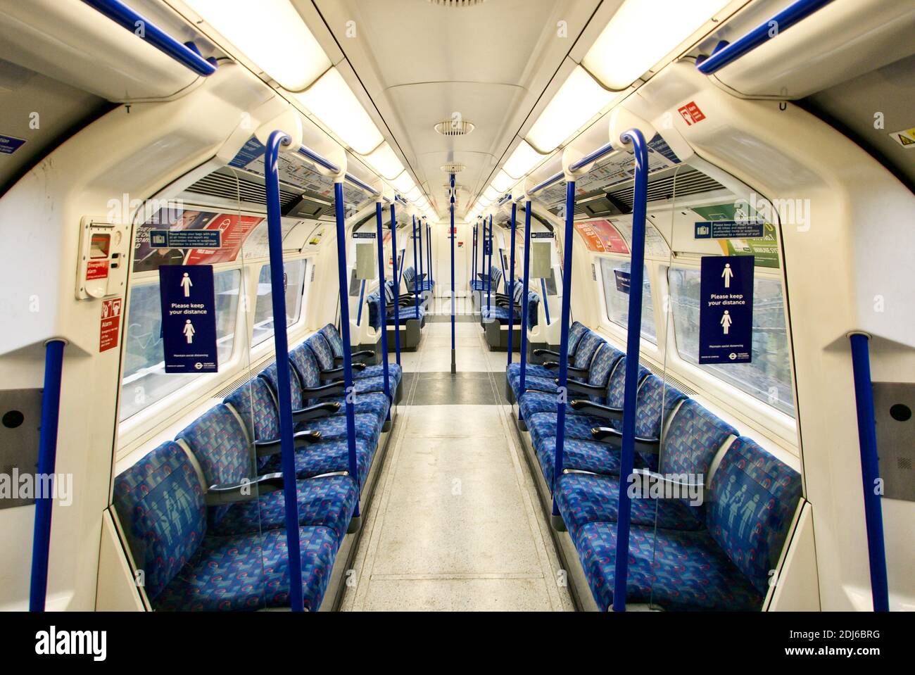 Empty commuter train carriage at rush hour on Transport for London's London Underground Northern Line. Train fares set to rise in 2021 on TfL services Stock Photo