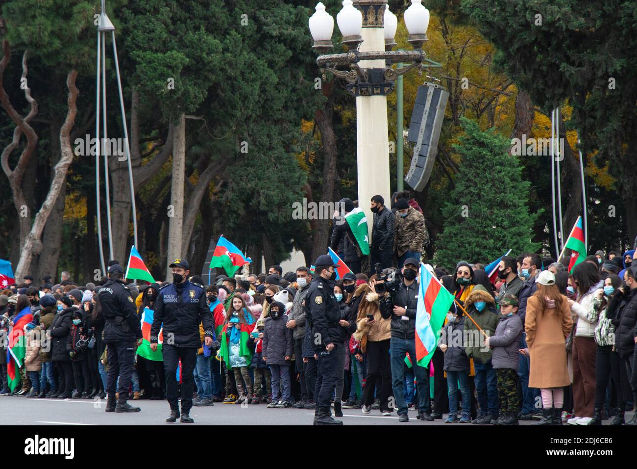 Baku - Azerbaijan: 10 December 2020. Azerbaijan Turkey and Pakistan flags in the Karabakh Victory Parade. Stock Photo