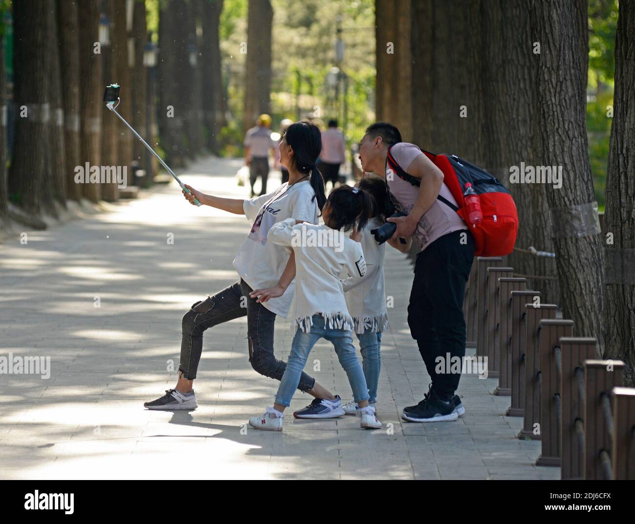 A family take a selfie on a tree lined avenue in the ruins of the old Summer Palace or Yuanmingyuan in the northwestern suburbs of Beijing, China Stock Photo