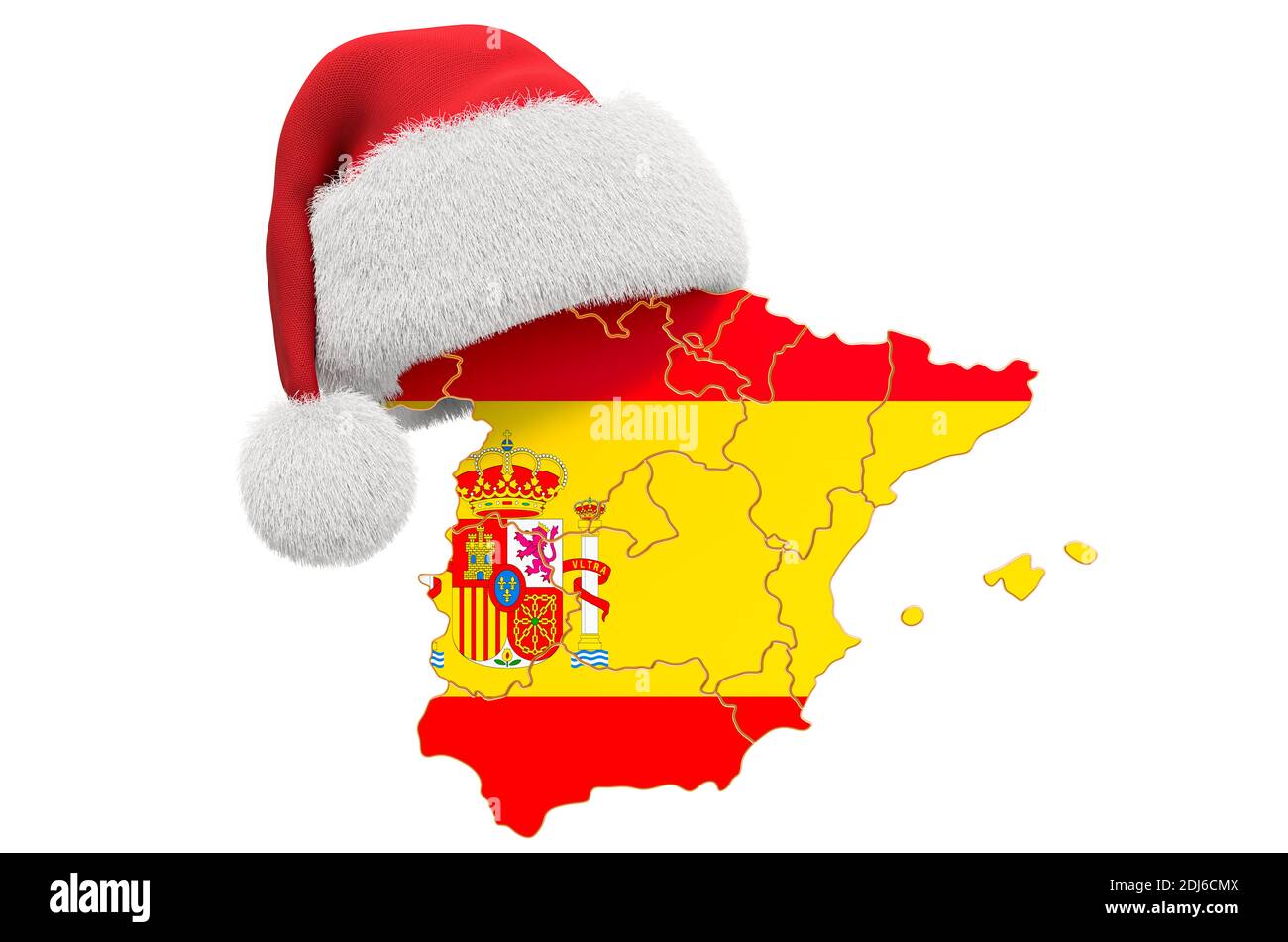Spanish map with red Santa hat. New Year and Christmas holidays concept, 3D rendering isolated on white background Stock Photo