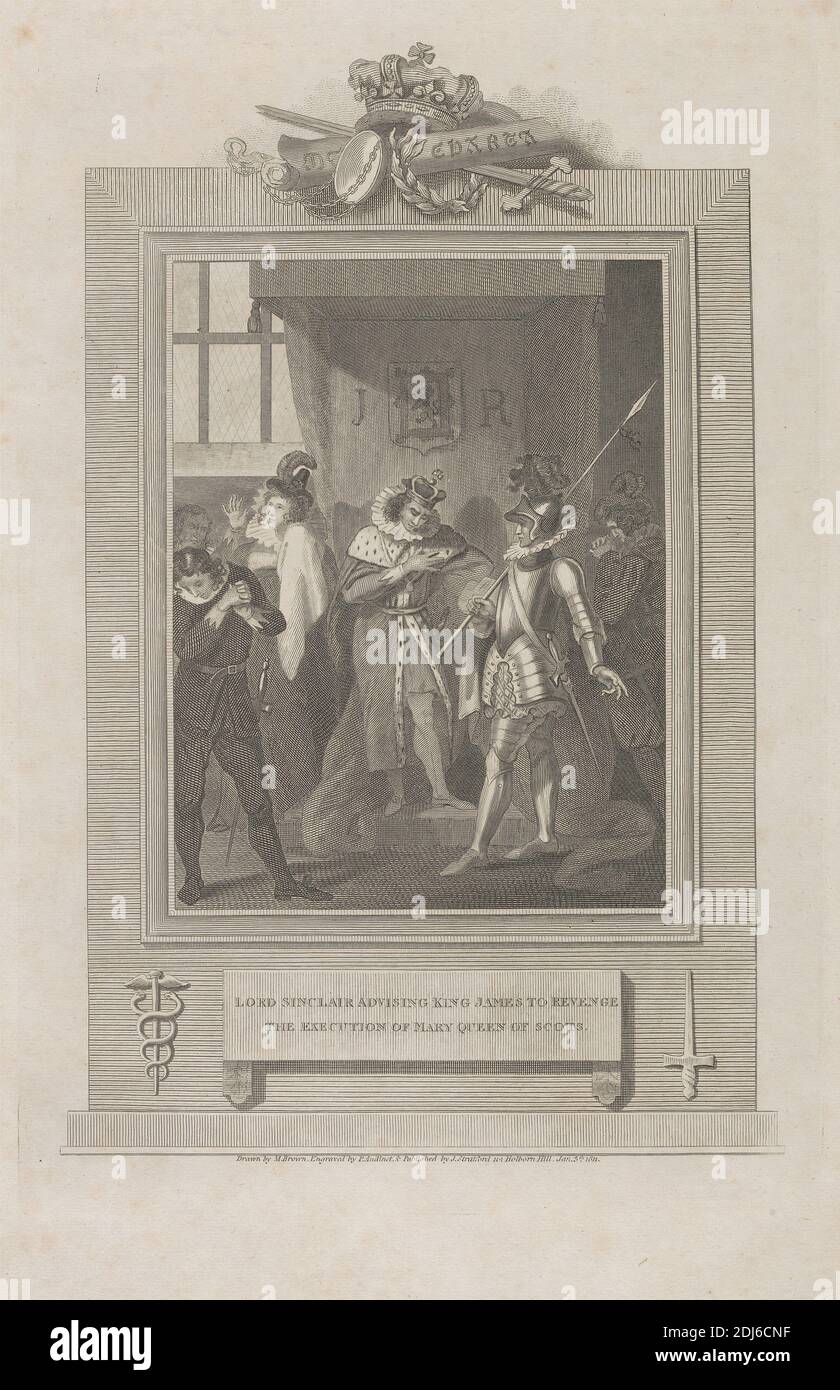 Lord Sinclair advising King James to Revenge the Execution of Mary Queen of Scots, Print made by Philip Audinet, 1766–1837, British, after Mather Brown, 1761–1831, American, active in Britain, Published by J. Stratford, active 1792–1813, British, 1811, Etching and line engraving on thin, slightly textured, cream wove paper, Sheet: 14 × 8 7/8 inches (35.6 × 22.5 cm), Plate: 11 × 7 1/4 inches (27.9 × 18.4 cm), and Image: 10 1/4 × 6 3/4 inches (26 × 17.1 cm), execution (event), frame (furnishing), historical subject, king (person), knight (landholder), queen (person Stock Photo