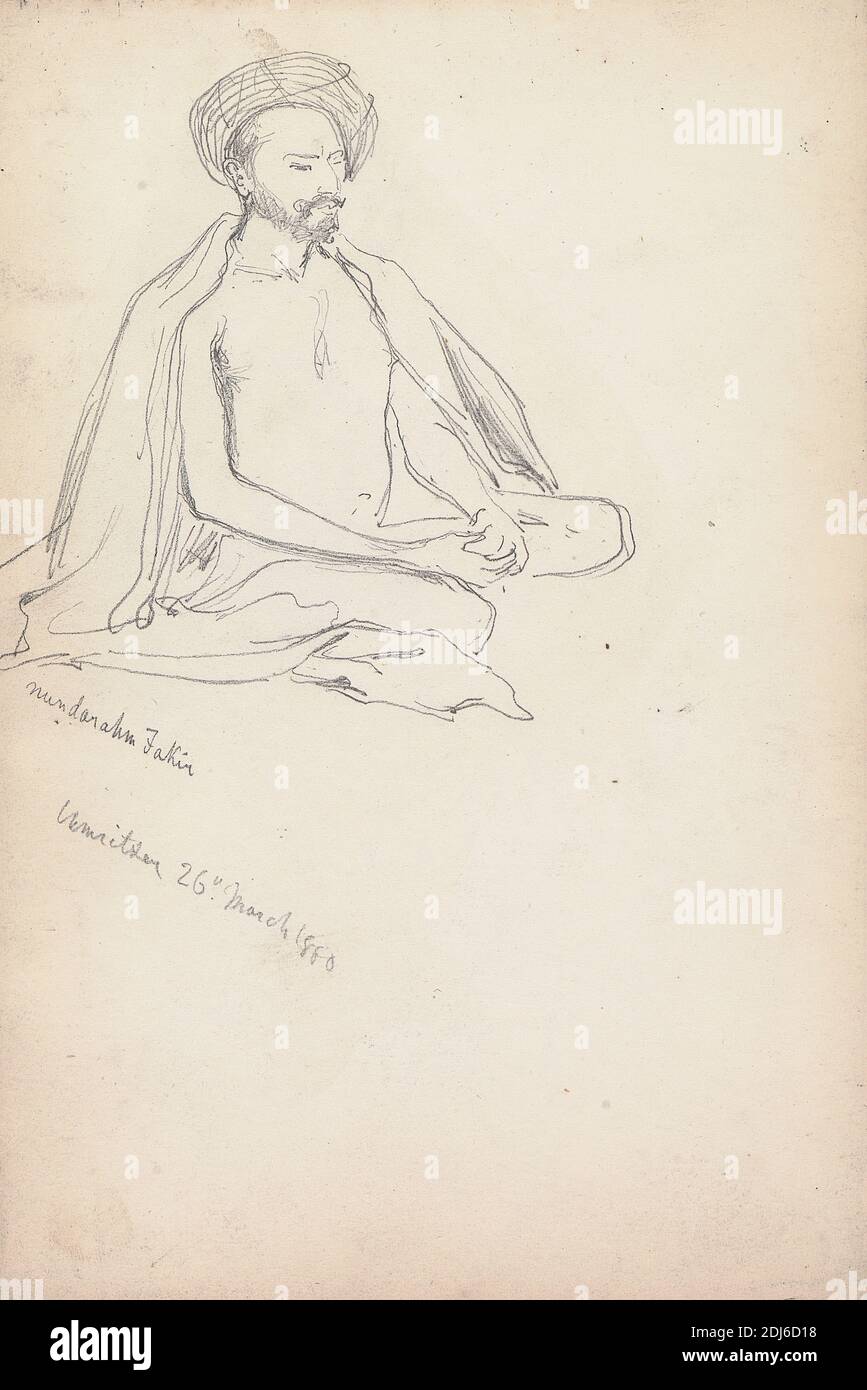 Study of a Fakir, Amritsar, 26 March 1860, William Simpson, 1823–1899, British, 1860, Graphite; verso: graphite and watercolor on medium, smooth, cream wove paper, Sheet: 4 × 5 7/8 inches (10.2 × 14.9 cm) and Binding: 4 1/4 inches (10.8 cm), animal art, camel (mammal), carriage, figure study, genre subject, horse (animal), portrait, Amritsar, India Stock Photo