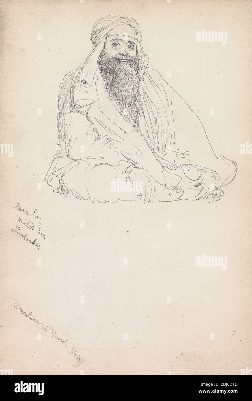 Dava Singh, Amritsar, 26 March 1860, William Simpson, 1823–1899, British, 1860, Graphite on medium, smooth, cream wove paper, Sheet: 4 × 5 7/8 inches (10.2 × 14.9 cm) and Binding: 4 1/4 inches (10.8 cm), animal art, camel (mammal), carriage, figure study, genre subject, horse (animal), portrait, Amritsar, India Stock Photo