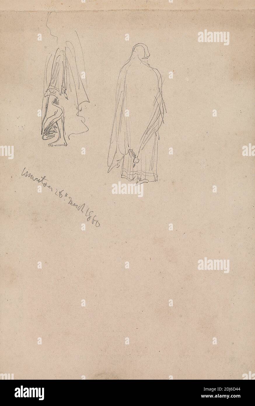 Sketch of Two Female Figures, Amritsar, 26 March 1860, William Simpson, 1823–1899, British, 1860, Graphite on medium, smooth, cream wove paper, Sheet: 4 × 5 7/8 inches (10.2 × 14.9 cm) and Binding: 4 1/4 inches (10.8 cm), animal art, camel (mammal), carriage, figure study, genre subject, horse (animal), Amritsar, India Stock Photo