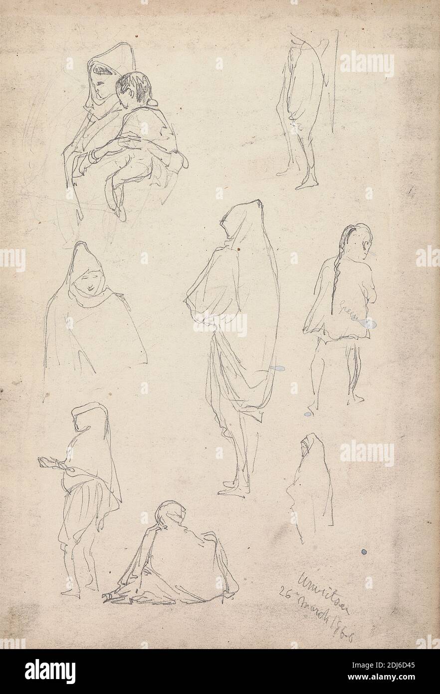 Studies of Women and Children, Amritsar, 26 March 1860, William Simpson, 1823–1899, British, 1860, Graphite on medium, smooth, cream wove paper, Sheet: 4 × 5 7/8 inches (10.2 × 14.9 cm) and Binding: 4 1/4 inches (10.8 cm), animal art, camel (mammal), carriage, figure study, genre subject, horse (animal), Amritsar, India Stock Photo