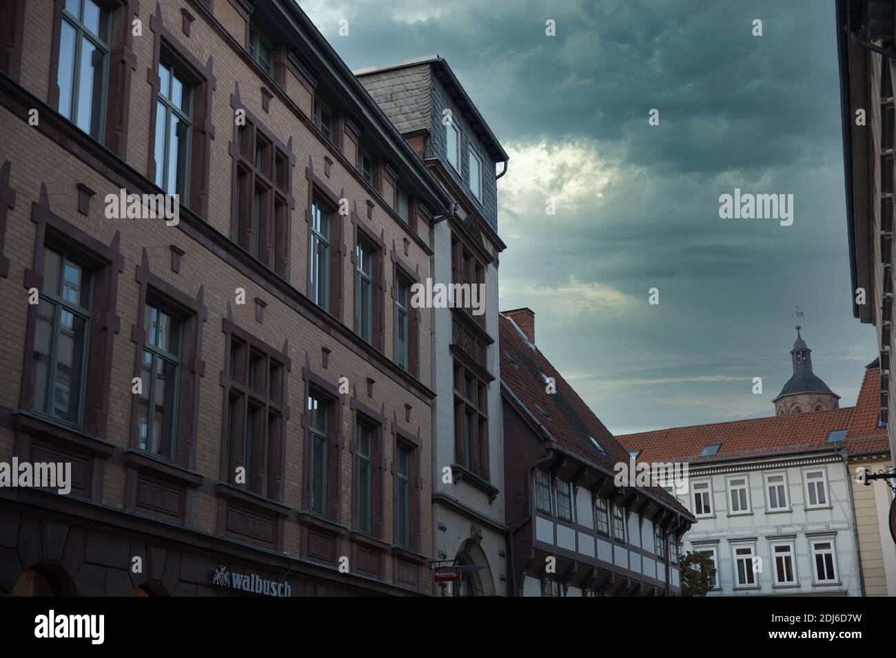 Gottingen Germany. Autumn, 2020. Residential architecture in historical city centre with morning sky. Stock Photo
