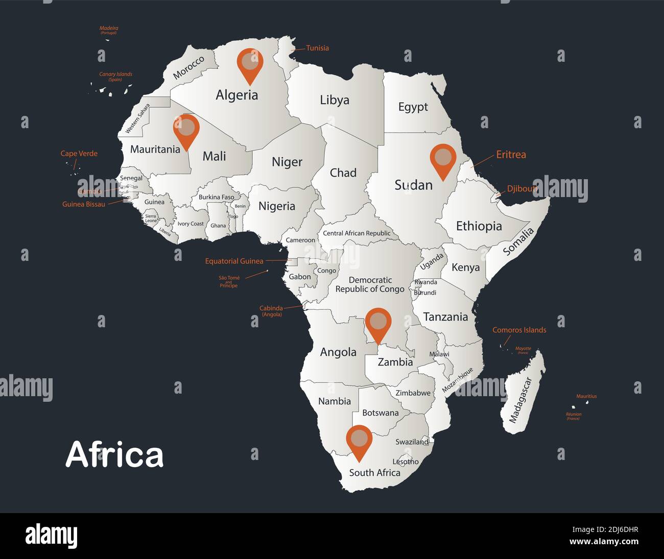 Africa map, Infographics flat design colors snow white, with names of
