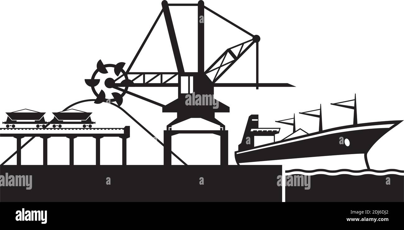 Crane loading industrial ship with ore – vector illustration Stock Vector