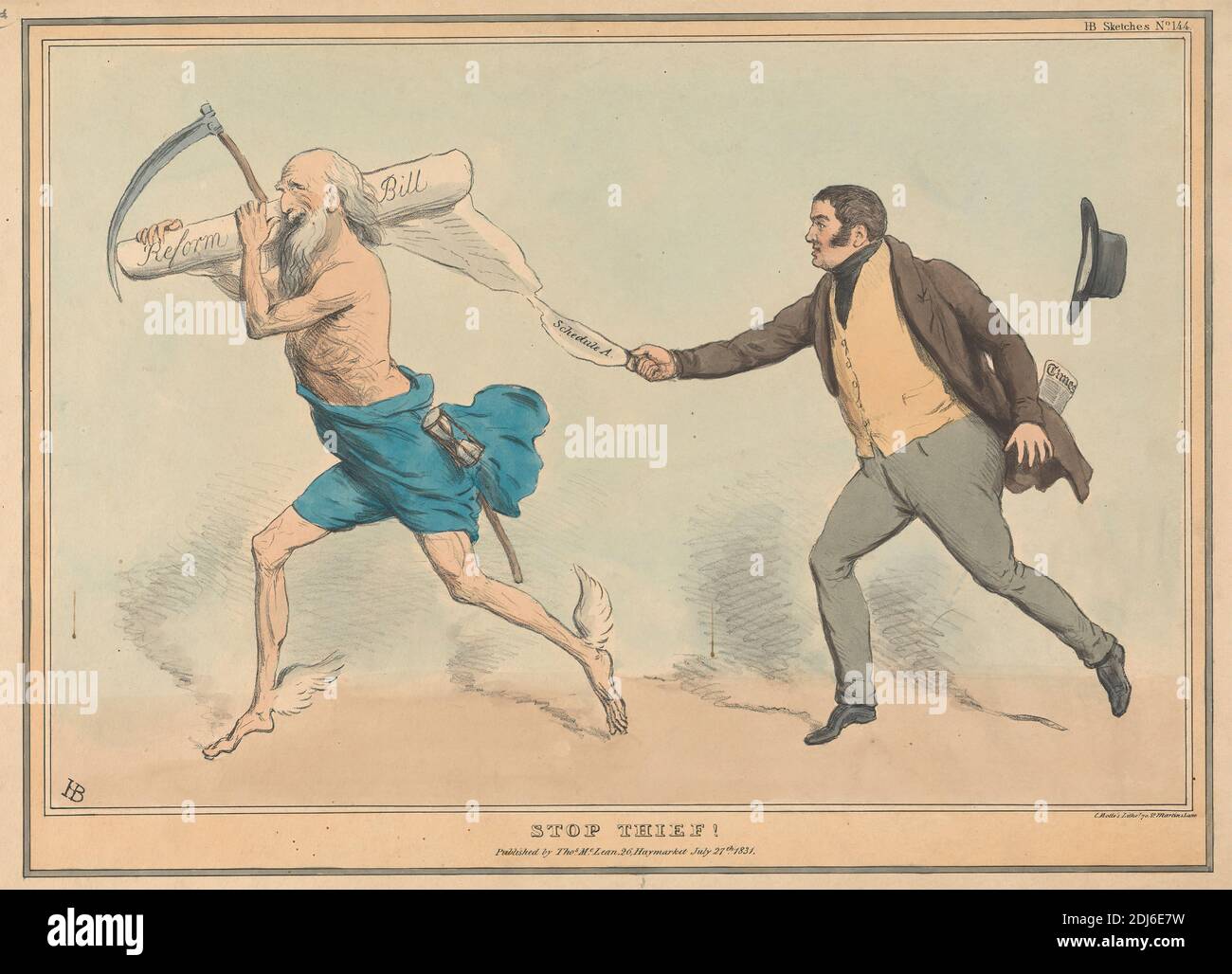 Stop Thief!, Print made by John Doyle ('H.B.'), 1797–1868, Irish, Printed by Charles E. P. Motte, 1785–1836, French, Published by Thomas McLean, 1788–1875, British, 1831, Lithograph, hand-colored on moderately thick, smooth, beige wove paper, Sheet: 11 3/4 x 17 3/8 inches (29.8 x 44.1 cm), Image: 9 3/16 x 13 9/16 inches (23.3 x 34.5 cm), and Image: 9 1/16 x 13 9/16 inches (23 x 34.5 cm), bill, caricature, chancellor, chasing, exchequer, historical subject, hourglass, legislation, newspaper, parody, political, politician, running, sandglass, satire, satirical, scrolls, scythe, sketches, thief Stock Photo