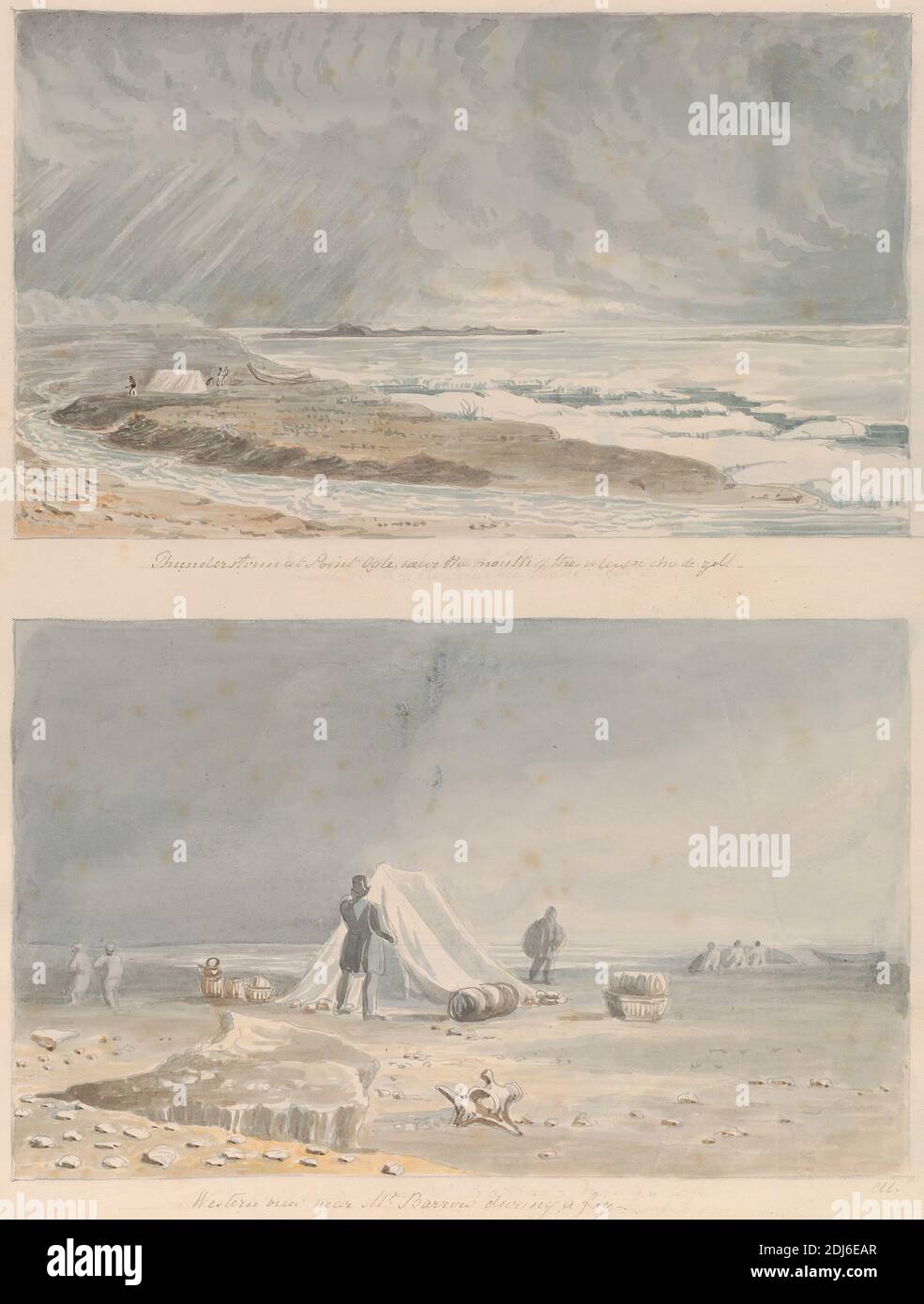 Thunderstorm at Point Ogle near the Mouth of the Thlewechodyeth and Western View near Mount Barrow during a Fog, Charles Hamilton Smith, 1776–1859, Belgian, after Sir George Back F.R.S, 1796—1878, British, undated, Watercolor and graphite on moderately thick, moderately textured, cream wove paper, Sheet: 16 1/8 × 12 7/8 inches (41 × 32.7 cm) and Binding: 16 1/8 inches (41 cm), landscape, marine art Stock Photo