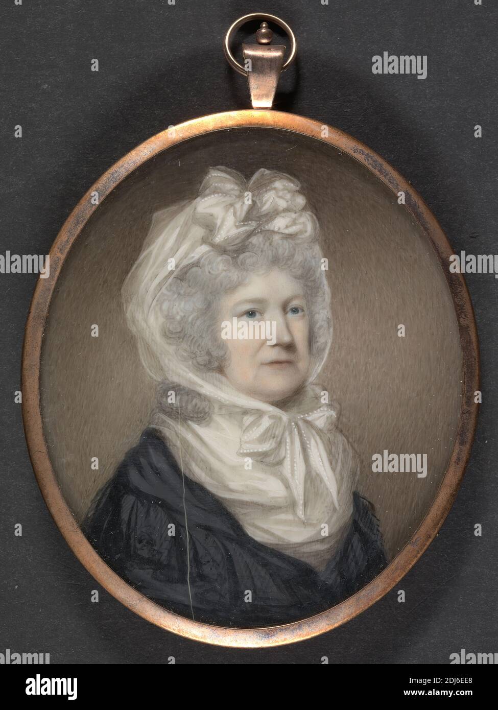 Anne Goodriche, Wife of Thomas Percy, Bishop of Dromore, Thomas Langdon, active 1800, British, 1793, Watercolor, gouache and gum arabic on ivory in rose gold locket with hanger, Image: 3 3/8 × 2 3/4 inches (8.5 × 7 cm), bonnet, portrait Stock Photo