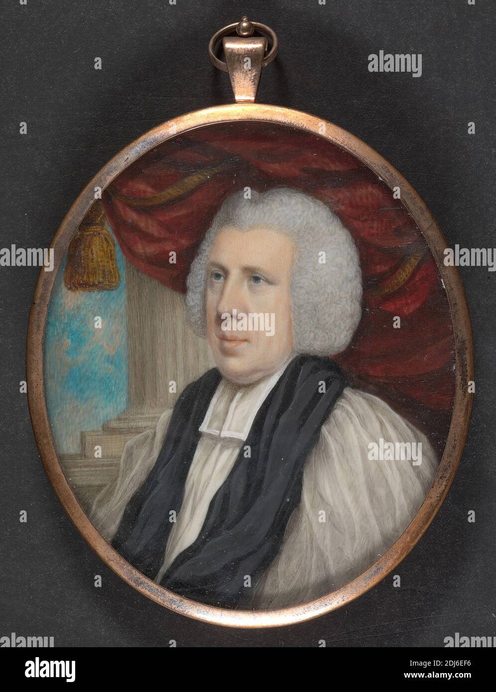 Bishop Thomas Percy, Bishop of Dromore, Thomas Langdon, active 1800, British, 1793, Watercolor, gouache and gum arabic on ivory in rose gold locket with hanger, Image: 3 3/8 × 2 3/4 inches (8.5 × 7 cm), man, portrait, tapestry, wig Stock Photo