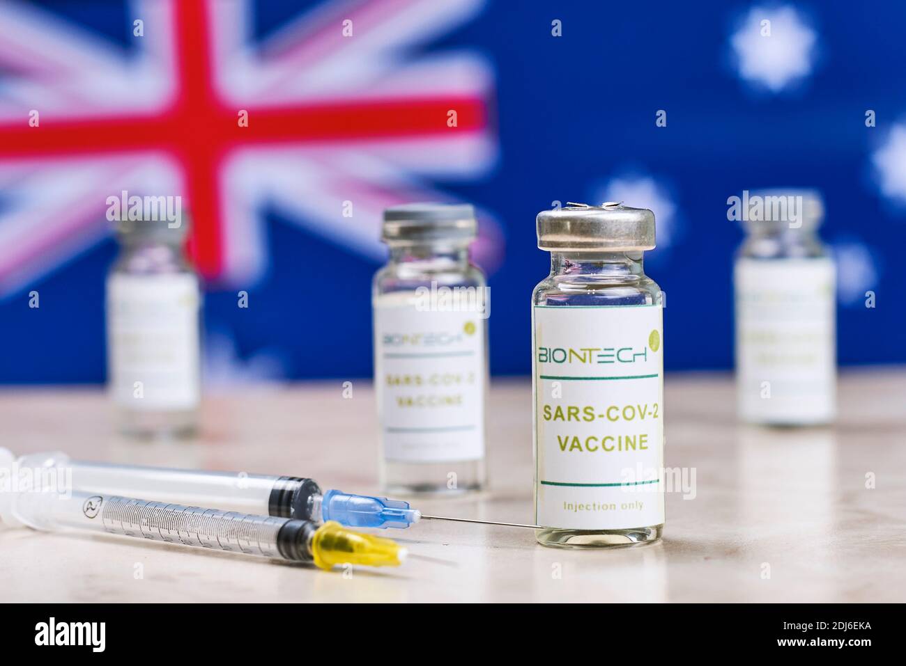 Tashkent, Uzbekistan - December 7, 2020: BioNTech Covid-19 vaccine trials. Australia government rollout mass immunization against coronavirus Stock Photo