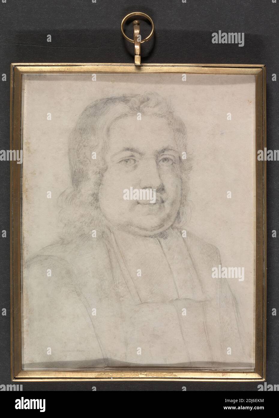 One of Charles II's Bishops in Ecclesiastical Robes, Robert White, 1645–1703, British, ca. 1675, Plumbago on vellum in gilt metal frame, with hanger, Frame: 4 5/8 × 3 3/4 inches (11.8 × 9.5 cm), portrait Stock Photo