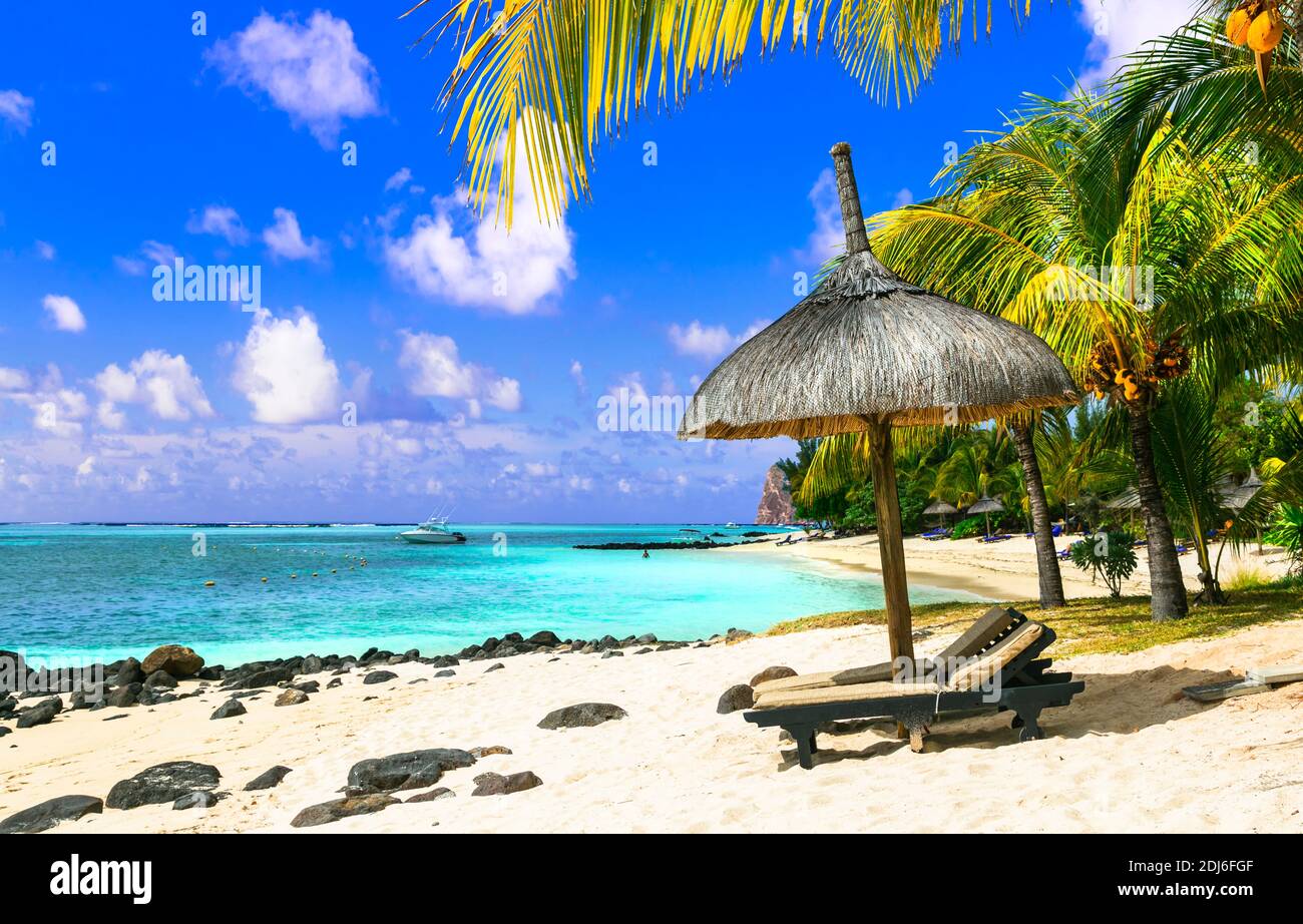 Relaxing tropical holidays . beach scenery . resorts of Mauritius island, Le Morne beach Stock Photo