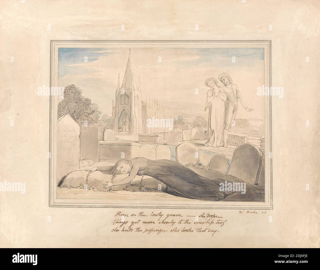 The Widow Embracing Her Husband's Grave, William Blake, 1757–1827, British, 1805 to 1808, Pen and gray ink with graphite and watercolor on medium, moderately textured, cream wove paper, Sheet: 6 x 8 1/8 inches (15.2 x 20.6 cm) and Mount: 10 3/8 x 13 inches (26.4 x 33 cm), church, couple, genre subject, graves, graveyard, husband, man, mourning, spire, tombstones, widow, women Stock Photo