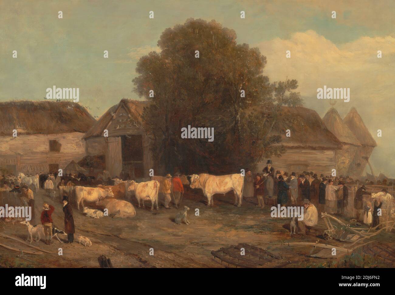 The Farm Sale, Richard Barrett Davis, 1782–1854, British, 1820, Oil on canvas, Support (PTG): 28 1/4 x 41 inches (71.8 x 104.1 cm), barn, bull, cattle, cows, dirt, dogs (animals), farm, men, selling, silo, tools Stock Photo