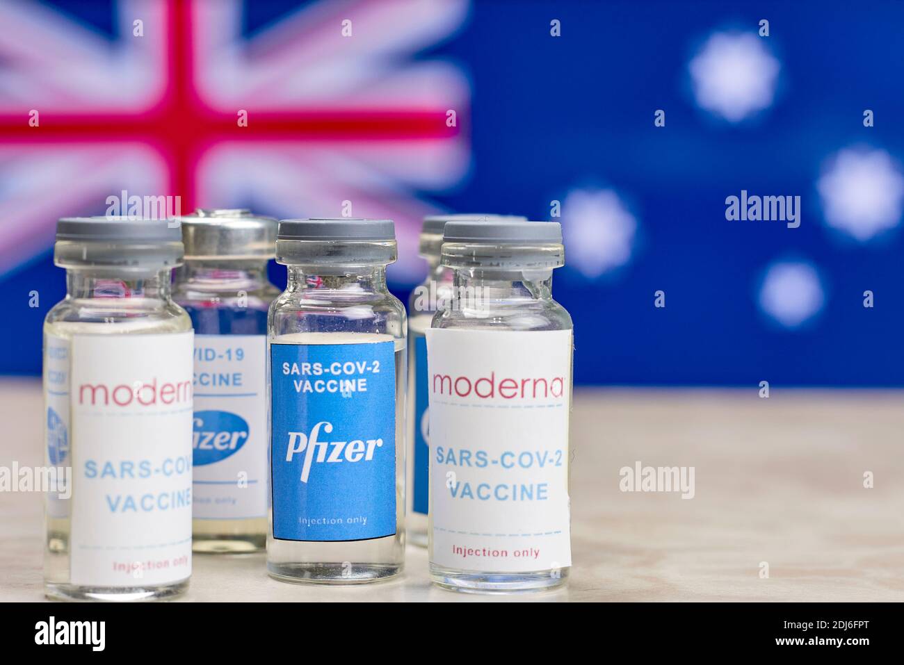 Tashkent, Uzbekistan - December 7, 2020: Moderna and Pfizer Covid-19 vaccine trials. Australia government rollout mass immunization against Stock Photo