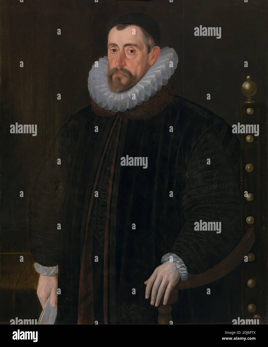 Sir Francis Walsingham (ca. 1532–1590), John de Critz, ca. 1550–1642, British, ca. 1589, Oil on panel, Support (PTG): 36 x 29 inches (91.4 x 73.7 cm), beard, black, cap, chair, document, fur, fur, man, overcoat, paper, portrait, robe, ruff, table (support furniture), Tudor Stock Photo