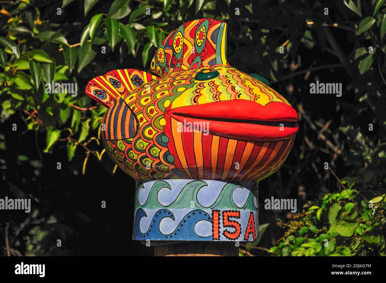 Decorative fish mail box, Thames, Coromandel Peninsula, Waikato Region, North Island, New Zealand Stock Photo
