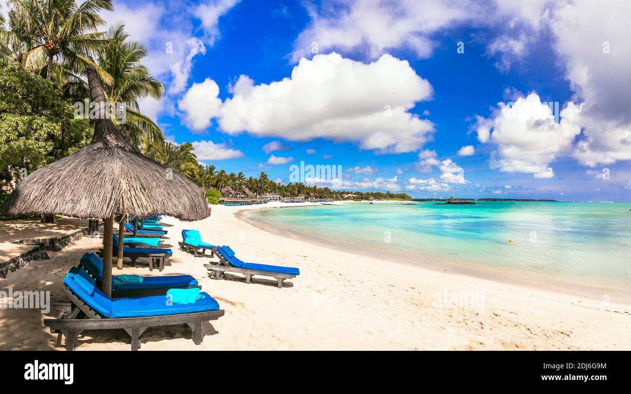 Relaxing tropical holidays . beach scenery . resorts of Mauritius island, Belle Mare beach Stock Photo