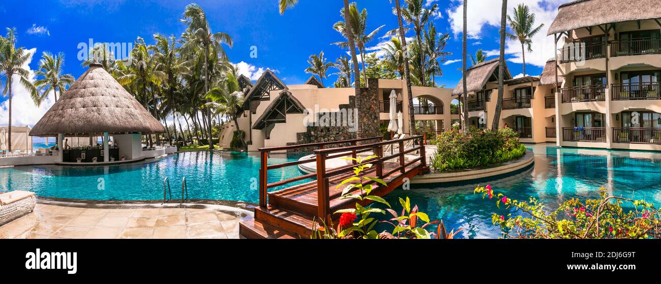 Tropical vacation. Constance Belle Mare Plage - luxury 5 star resort in Mauritius island. Jan 2020 Stock Photo