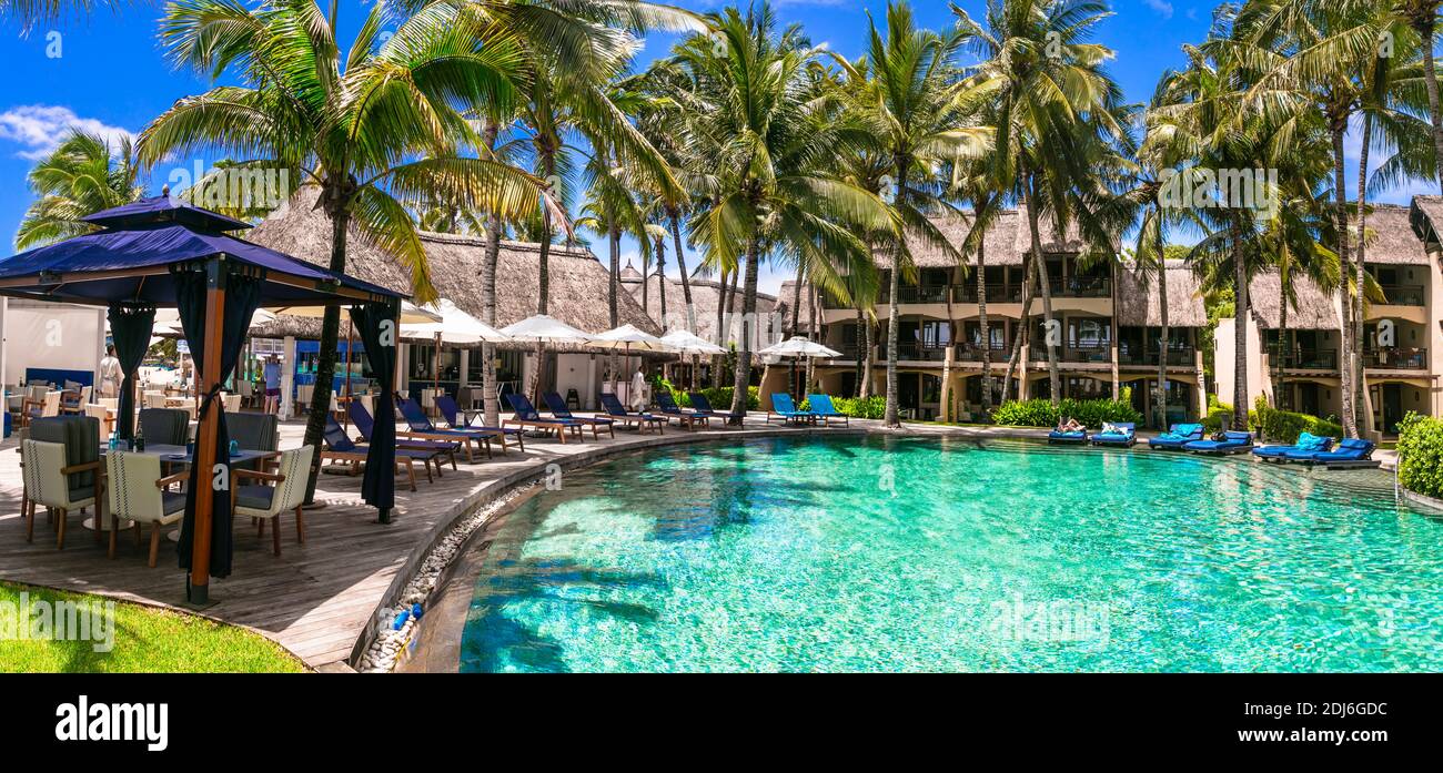 Tropical vacation. Constance Belle Mare Plage - luxury 5 star resort in Mauritius island. Jan 2020 Stock Photo