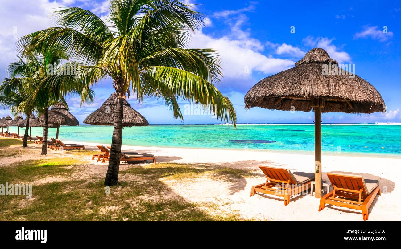 Tropical relaxing holidays in one of the best beaches of Mauritius island Stock Photo