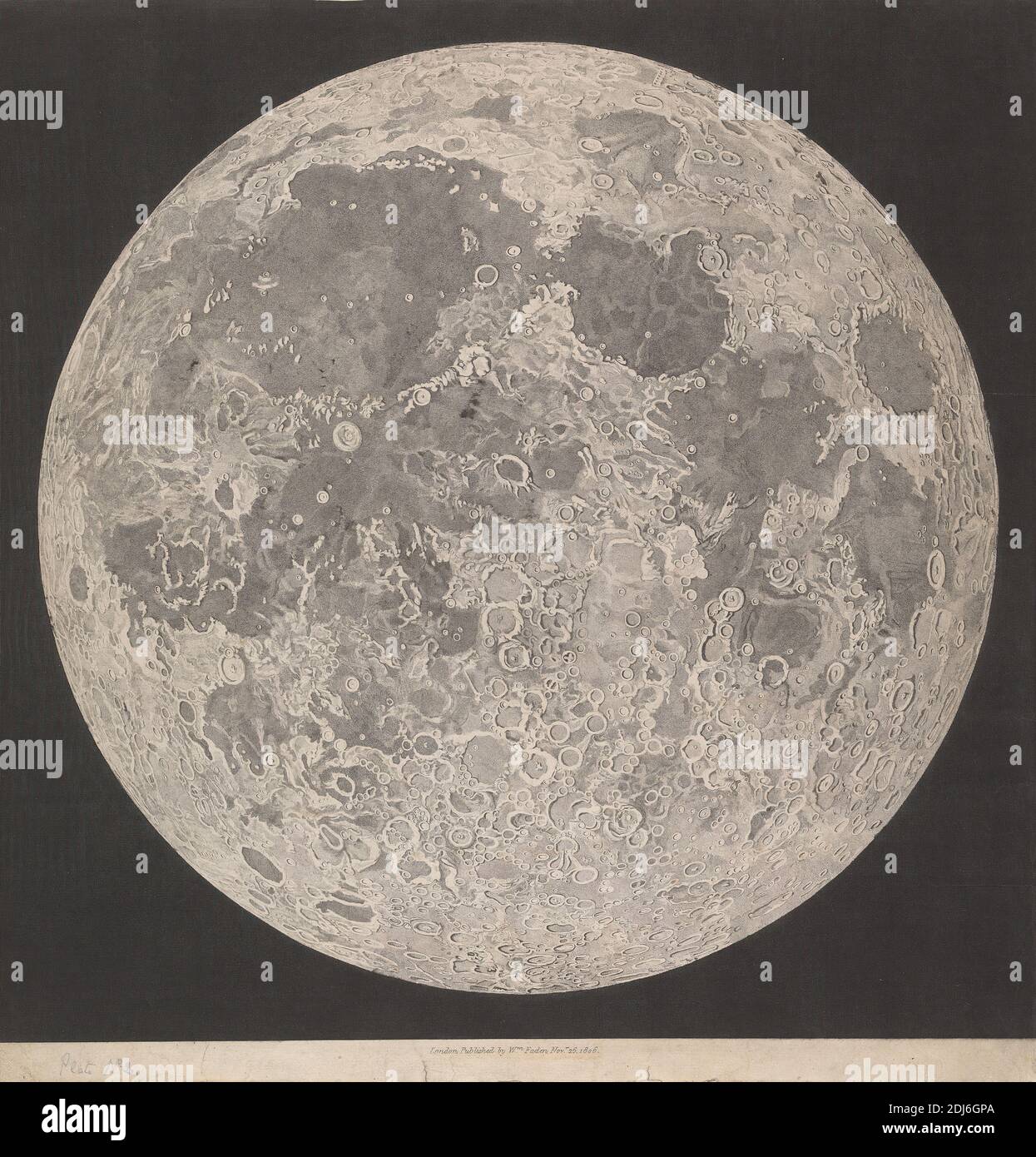 Lunar Planisphere, Hypothetical Oblique Light, Print made by John Russell, 1745–1806, British, 1806, Stipple and line engraving on moderately thick, slightly textured, cream wove paper, Sheet: 17 × 16 3/8 inches (43.2 × 41.6 cm) and Image: 16 1/4 × 16 3/8 inches (41.3 × 41.6 cm), map, moon Stock Photo