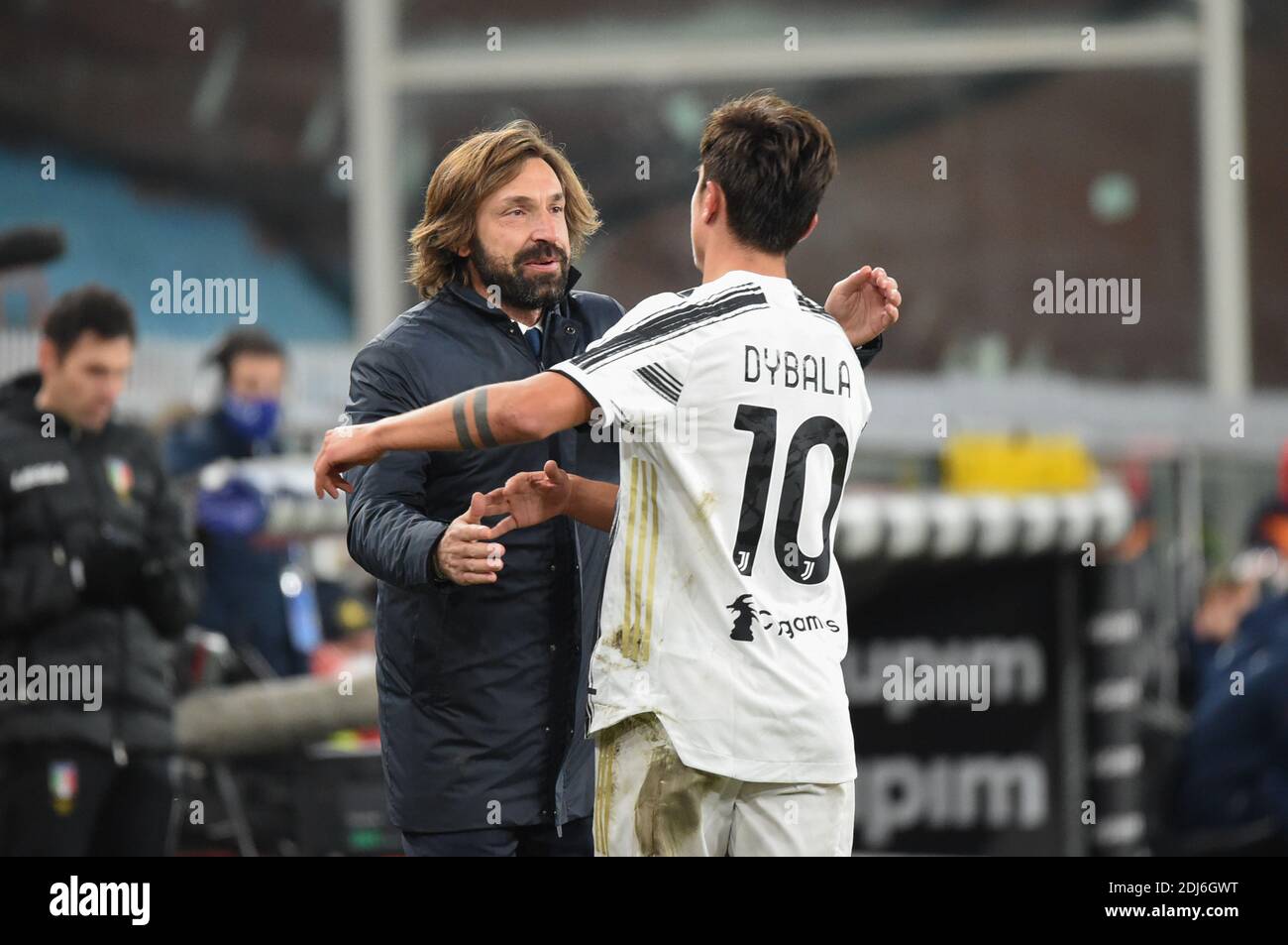 Luigi Ferraris stadium, Genova, Italy, 13 Dec 2020, Andrea Pirlo (Juventus)  and Paulo Dybala (Juventus), celebrates after scoring a goal during Genoa  CFC vs Juventus FC, Italian football Serie A match -, image size:1300x953
