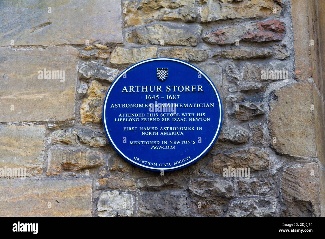 Blue plaque for Arthur Storer attached to Kings School hall, where Sir Isaac Newton was educated, Grantham, Lincolnshire, UK. Stock Photo