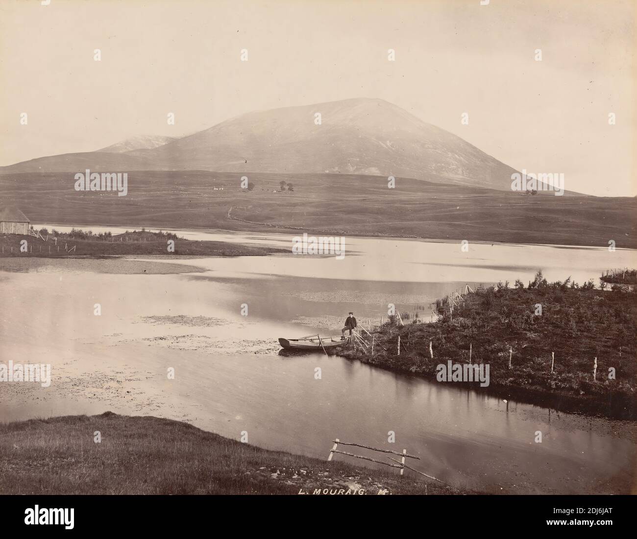 Loch Mouraig, James Valentine, 1815–1879, British, 1860s, Albumen print from wet collodion negative on thin, smooth, cream wove paper, Sheet: 7 1/4 × 9 3/8 inches (18.4 × 23.8 cm) and Mount: 13 × 16 5/8 inches (33 × 42.2 cm), boat, hill, lake, landscape, Kinross, Perth, Scotland, United Kingdom Stock Photo