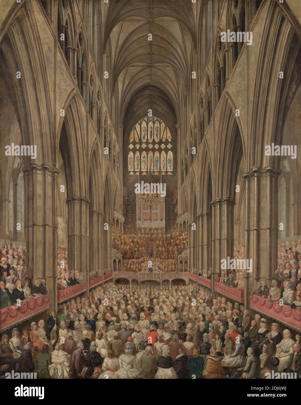Interior View of Westminster Abbey on the Commemoration of Handel, Taken from the Manager's Box, Edward Edwards, 1738–1806, British, ca. 1790, Oil on canvas, Support (PTG): 50 3/8 x 40 inches (128 x 101.6 cm), architectural subject, audience, chorus, commemoration, genre subject, interior, mass, music, nave, organs (aerophones), people, performance, City of Westminster, England, Greater London, London, United Kingdom, Westminster Abbey Stock Photo