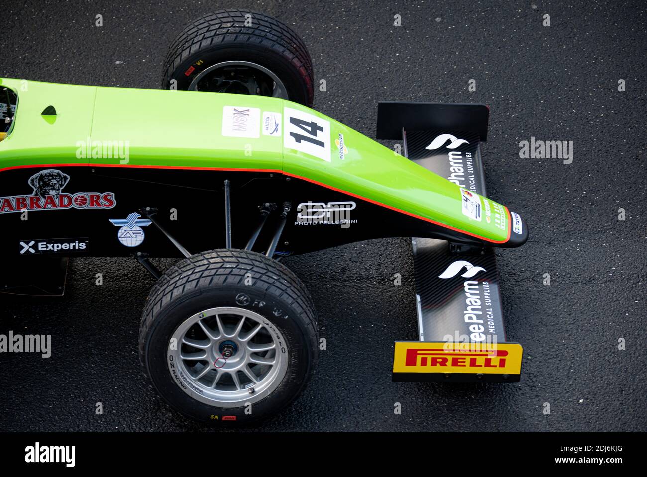 Pirelli wet racing tire on motorsport single seater car  high angle view close up Stock Photo