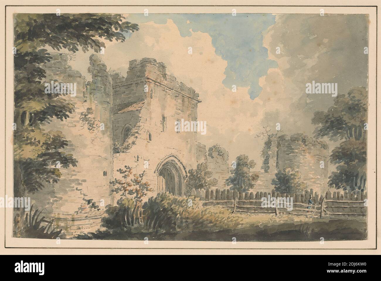 The Keep, Porchester Castle, Edward Dayes, 1763–1804, British, undated, Watercolor and graphite on moderately thick, slightly textured, cream wove paper, Sheet: 5 1/2 × 8 1/2 inches (14 × 21.6 cm), abbey, architectural subject, castle, fence, gate, ruins, tower (building division), England, Europe, Hampshire, United Kingdom Stock Photo