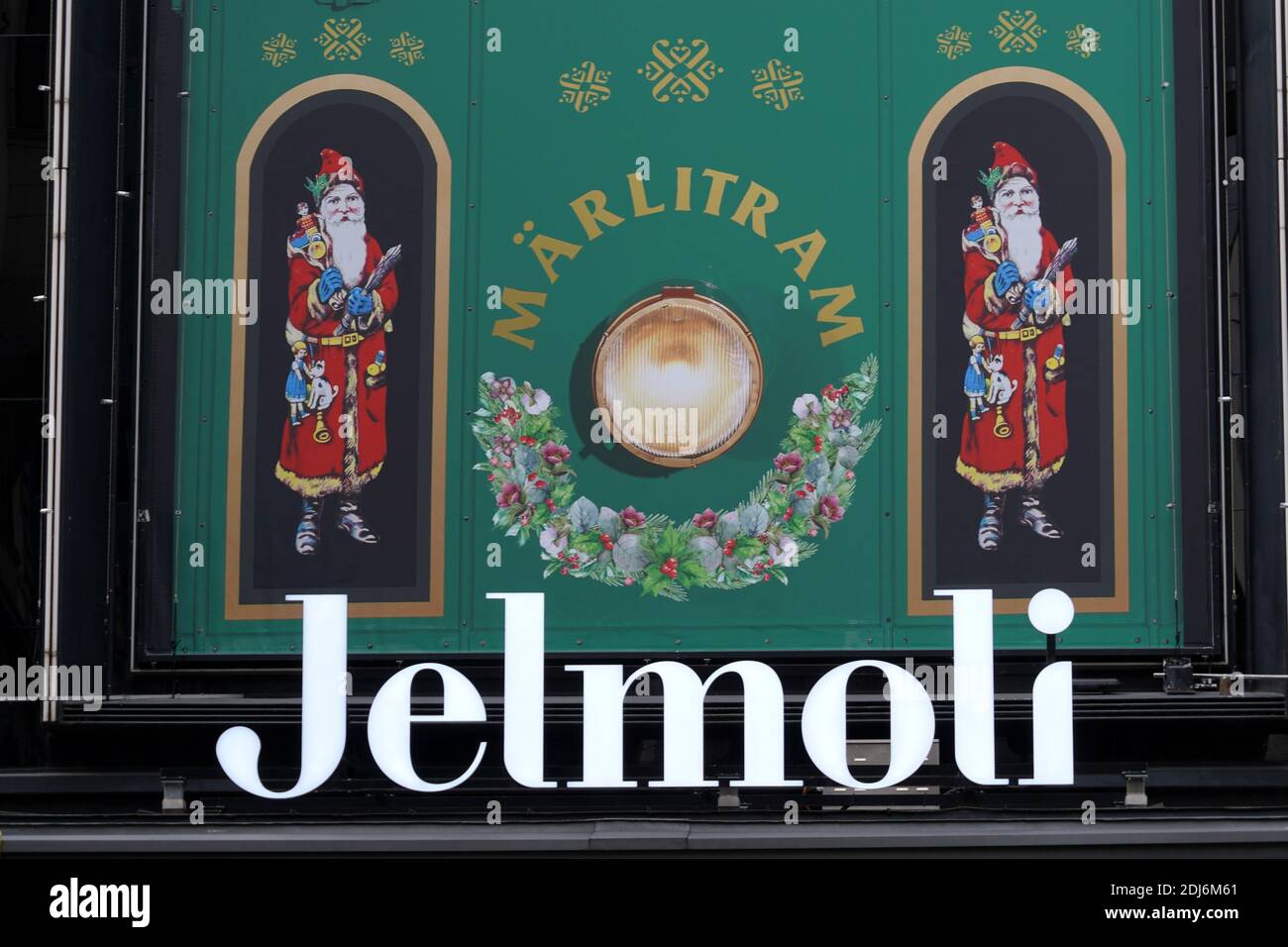 Jelmoli, shopping center in the downtown of Zurich selling luxury designer clothes, accessories, jewelry and household articles at Christmas time. Stock Photo