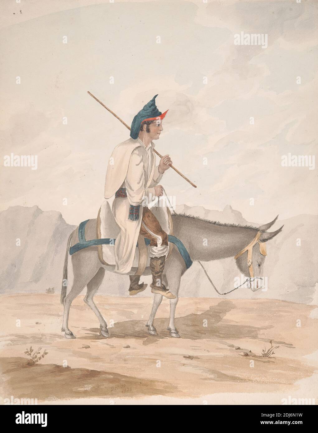 Grand Canary-Man on a Donkey, Alfred Diston, active 1818–1829, 1828, Watercolor and pen and black ink on medium, slightly textured, cream wove paper, Sheet: 9 1/8 × 7 1/4 inches (23.2 × 18.4 cm), costume, costume, donkey, figure study, genre subject, man, Europe, Spain, Tenerife Stock Photo