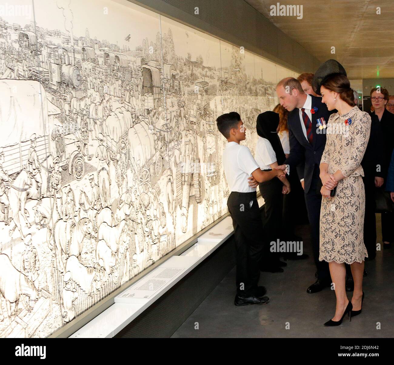 Britain's Prince William, the Duke of Cambridge, and his wife Kate, the Duchess of Cambridge, visit a museum inside the World War I Thiepval Monument prior to the Somme centenary commemorations in Thiepval, northern France, Friday, July 1st, 2016. One week after Britain's vote to leave the European Union, Prime Minister David Cameron and royal family members will stand side-by-side with France's President to celebrate their historic alliance at the centenary of the deadliest battle of World War I. Photo by Francois Mori/Pool/ABACAPRESS.COM Stock Photo
