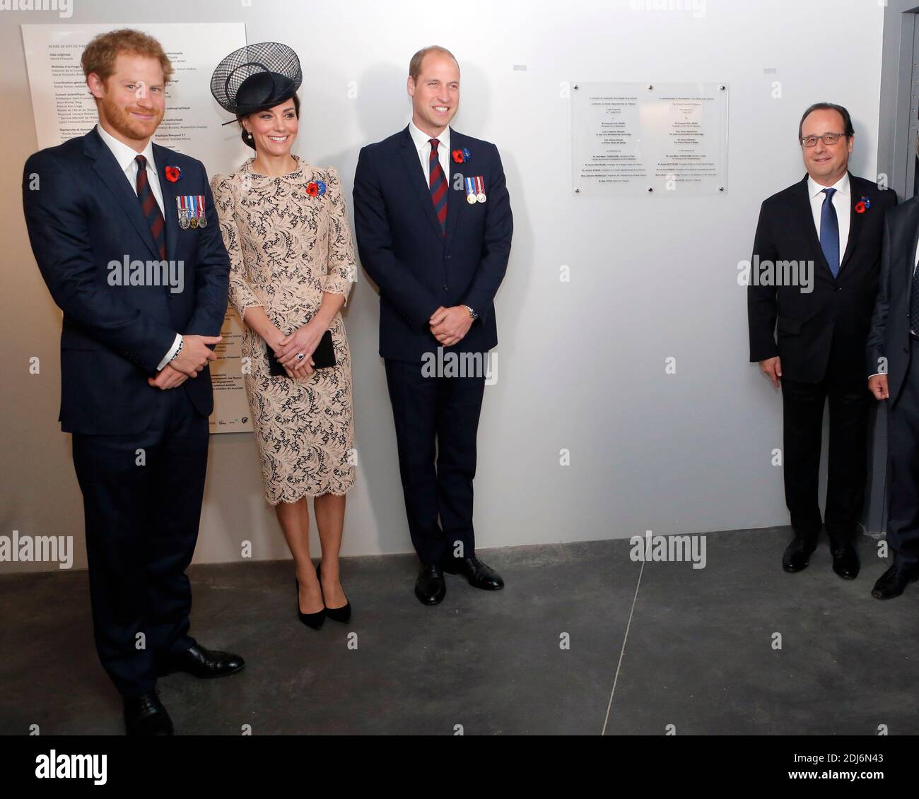 France's President Francois Hollande, right, poses for photographers with Prince William, the Duke of Cambridge, his wife Kate, the Duchess of Cambridge, and Prince Harry, left, inside the World War I Thiepval monument prior to the Somme centenary commemorations in Thiepval, northern France, Friday, July 1st, 2016. One week after Britain's vote to leave the European Union, Prime Minister David Cameron and royal family members will stand side-by-side with France's President to celebrate their historic alliance at the centenary of the deadliest battle of World War I. Photo by Francois Mori/Pool/ Stock Photo